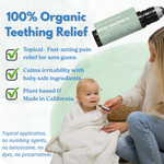 Mom applying Little Teethers roller along her baby's jawline, with a list of product highlights