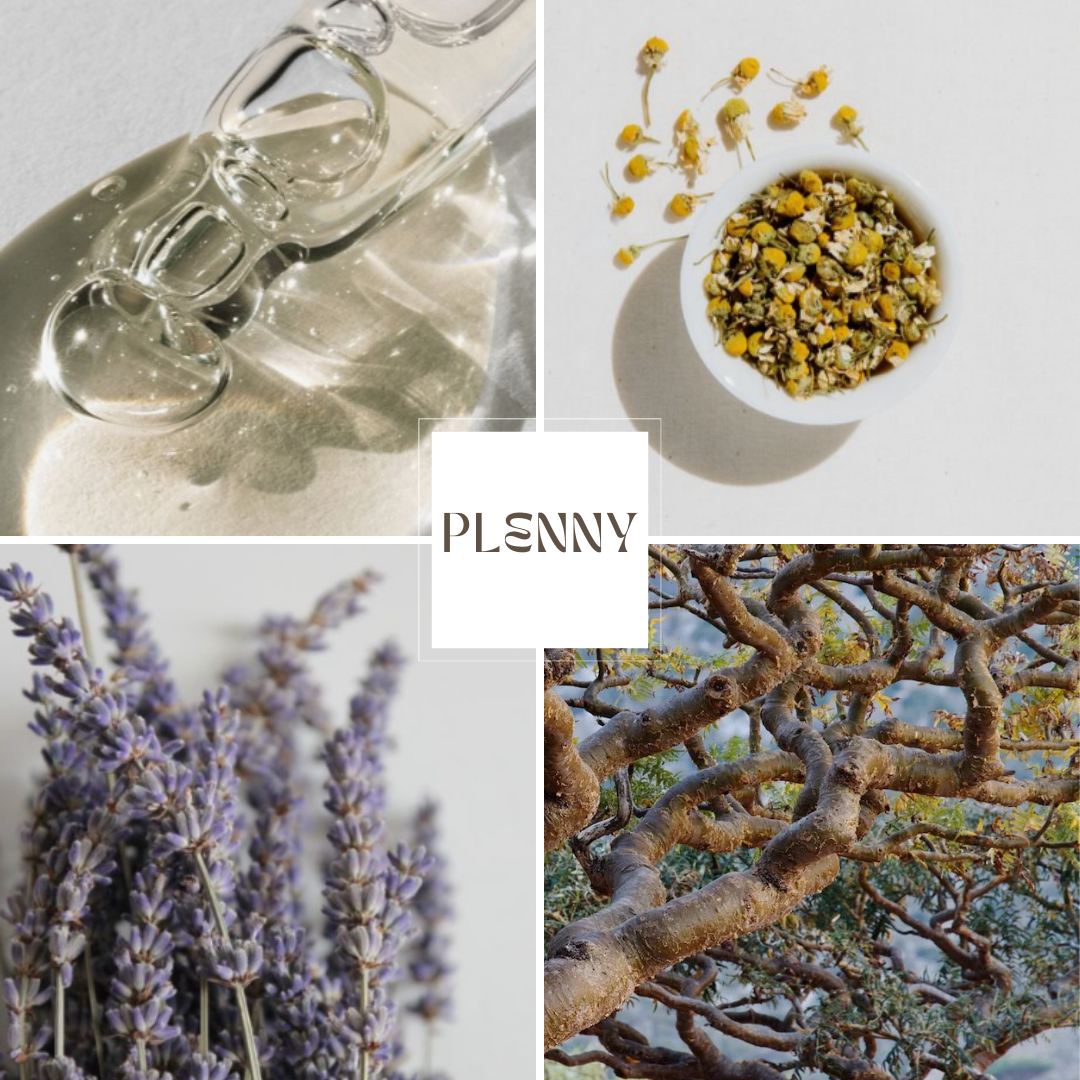 Collage of Little Teethers ingredients: oil, chamomile, lavender and copaiba tree