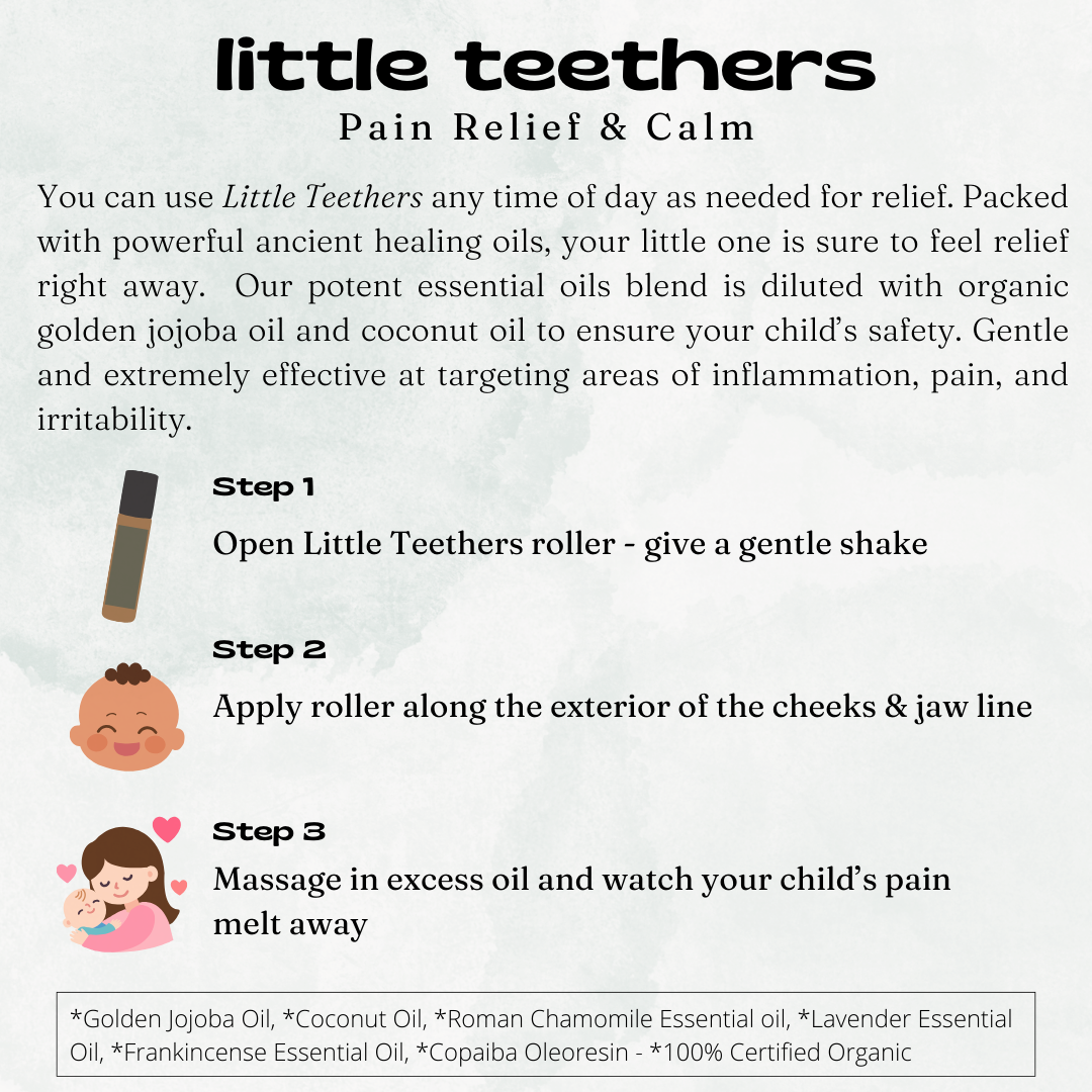 Little Teethers how-to-use guide: shake, roll along the outside of the cheeks and jawline, then massage in