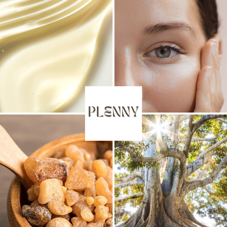 Collage: golden oil, woman's under-eye area, frankincense resin and tree