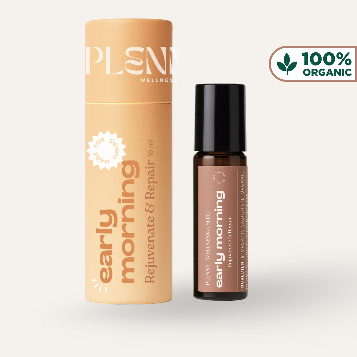 Early Morning castor oil roller bottle next to its peach tube