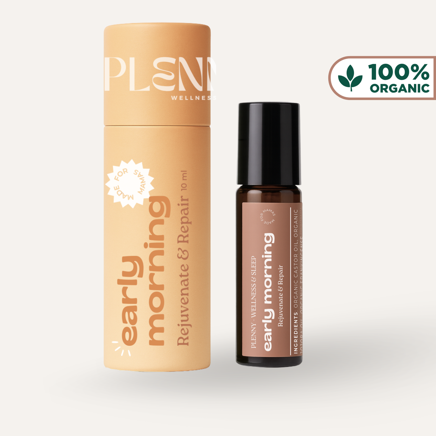 Two bottles of 'Early Morning' skincare product by PLEND WELLNESS on a light gray background.