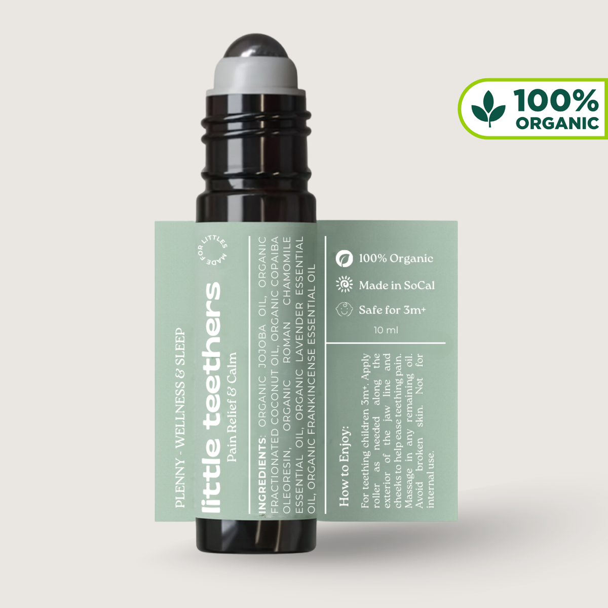 Little Teethers roller bottle with its label and 100% organic badge