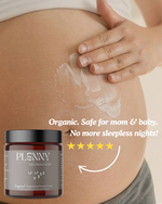 Original Dream Cream jar beside a pregnant belly with a five-star review