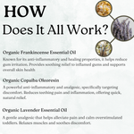 Infographic: how Little Teethers works, describing organic frankincense, copaiba and lavender