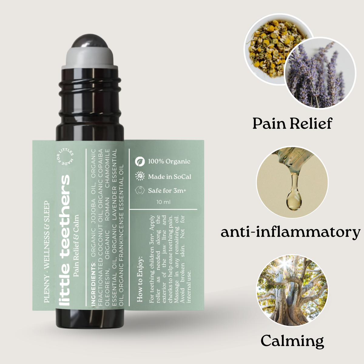 Little Teethers roller bottle beside chamomile, oil and botanical icons