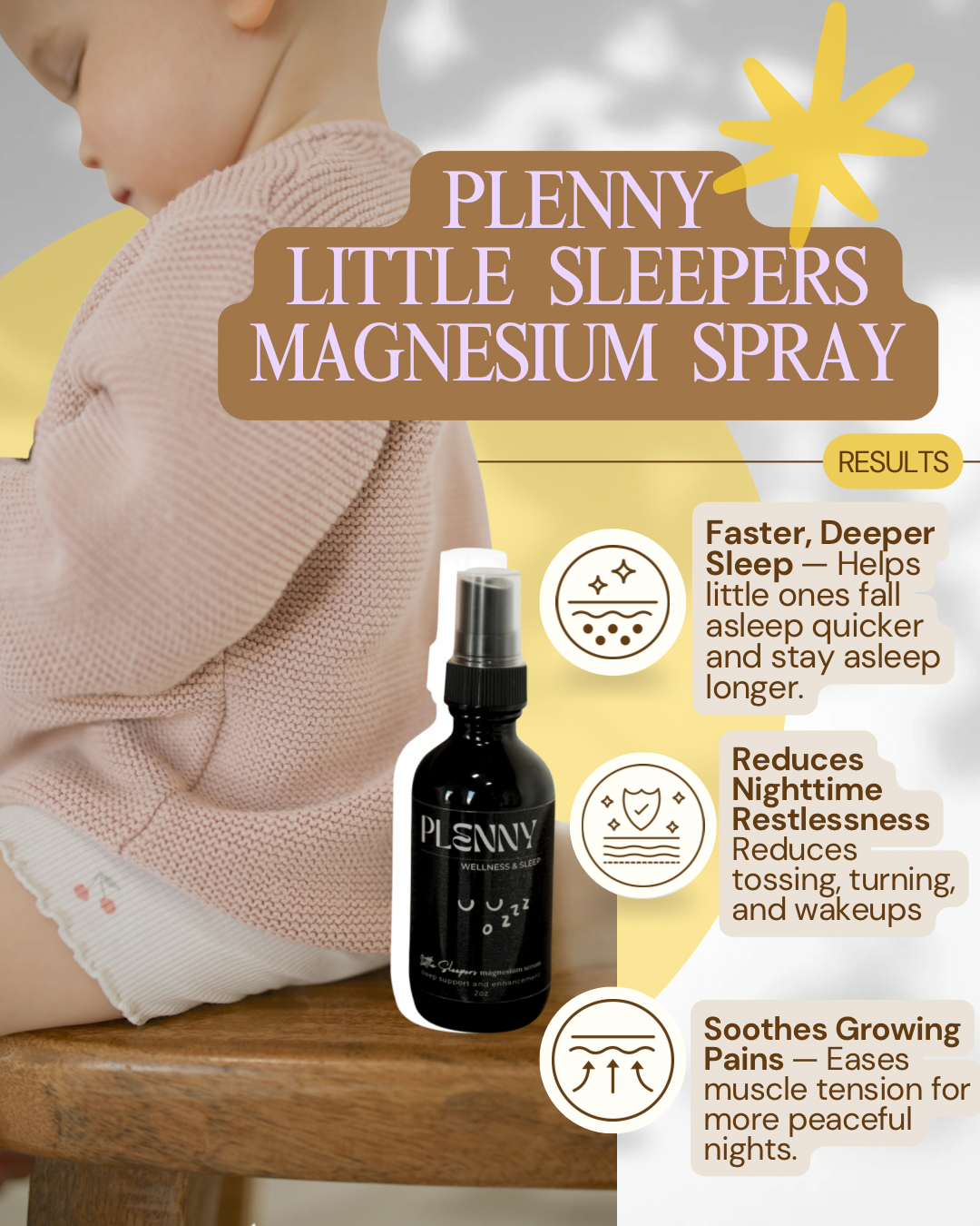 Toddler in pink sweater beside Little Sleepers magnesium spray with a list of results