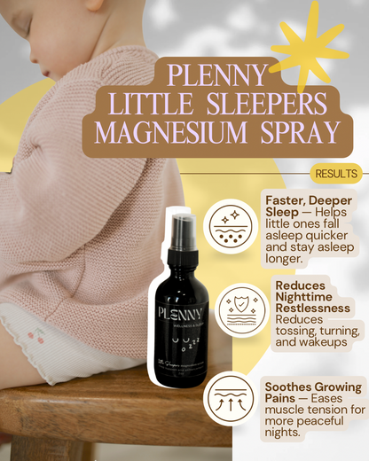 Toddler in pink sweater beside Little Sleepers magnesium spray with a list of results