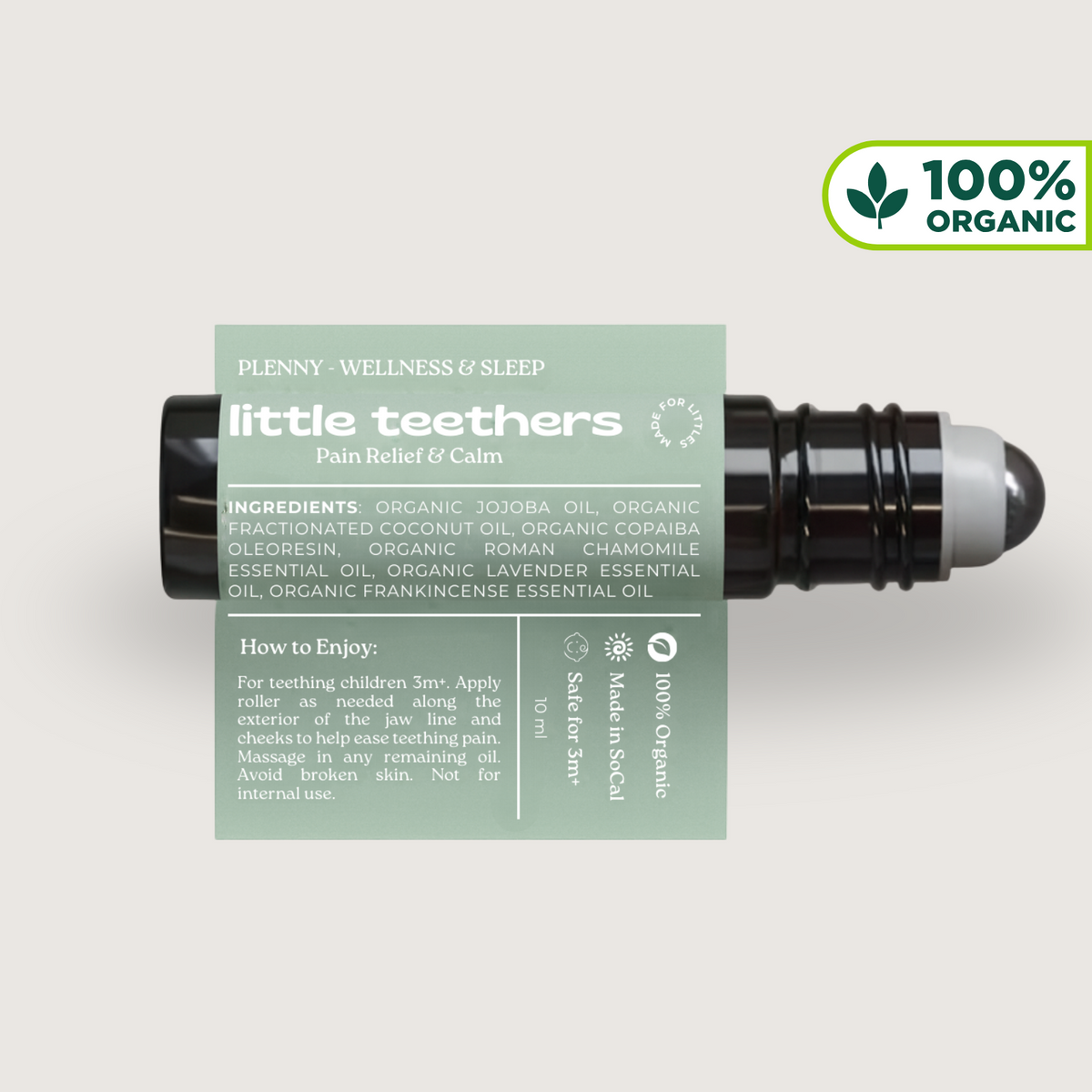 Little Teethers roller lying on its side showing the ingredient label