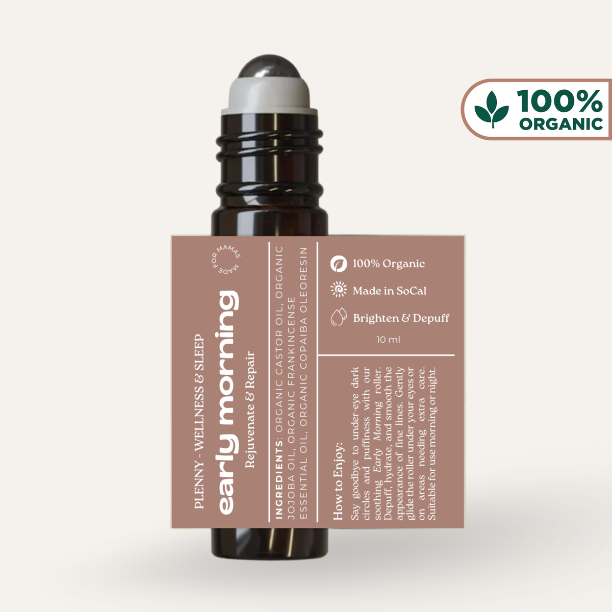 Early Morning roller bottle with 100% organic badge