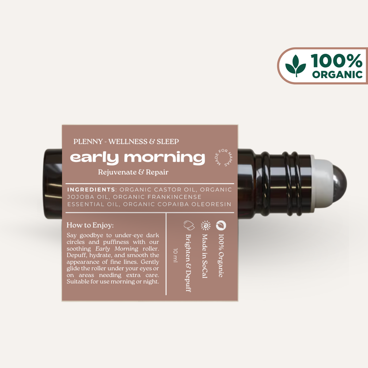 Early Morning roller bottle lying on its side showing the ingredient label