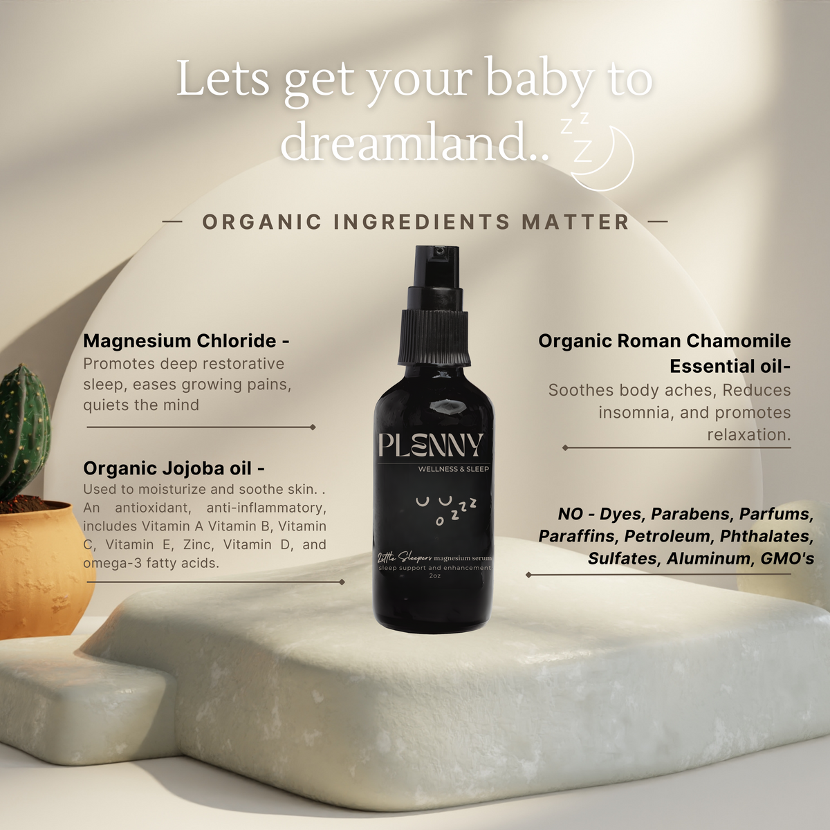 Little Sleepers dosage chart above a magnesium spray bottle resting on a tin