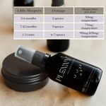 Little Sleepers dosage chart by age next to a magnesium spray bottle