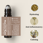 Early Morning roller bottle beside hydrating and calming botanical icons